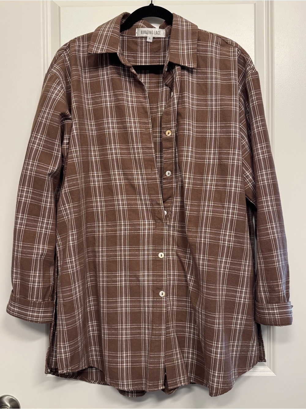 Amazing Lace brown plaid button-up dress, built in shorts, size L